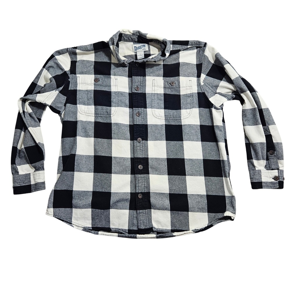 Duluth Trading Co Button Down Shirt Large Black White Buffalo Plaid Relaxed Fit